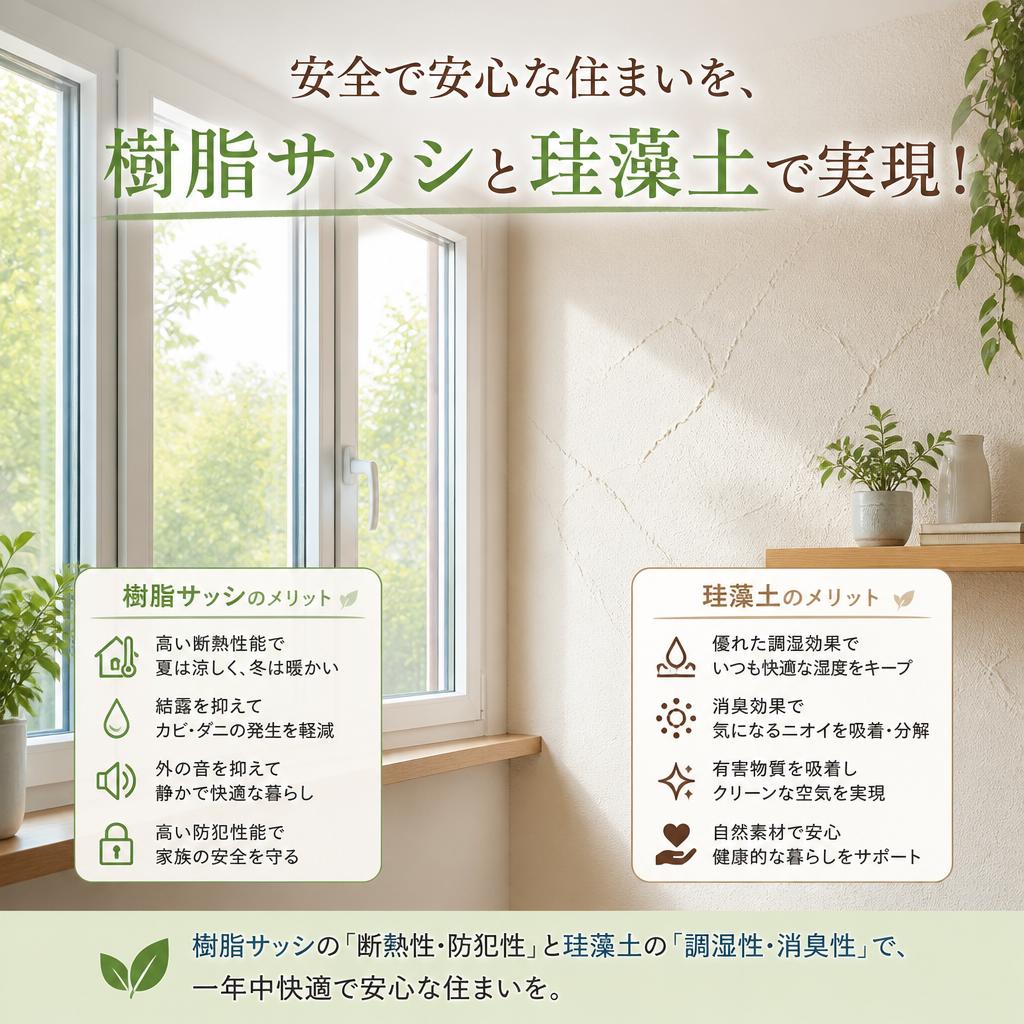 安全で安心な住まいを、樹脂サッシと珪藻土で実現！